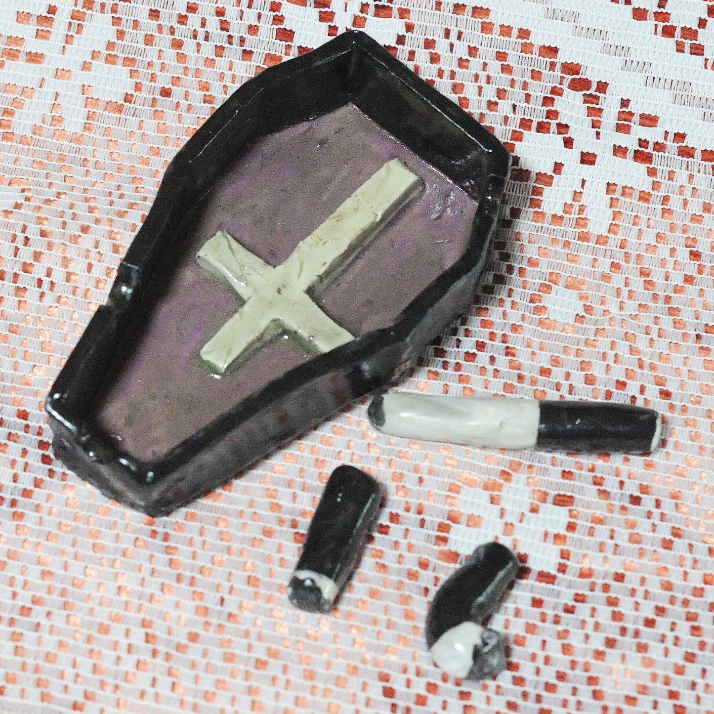 Ceramic Coffin Cross Ashtray Set