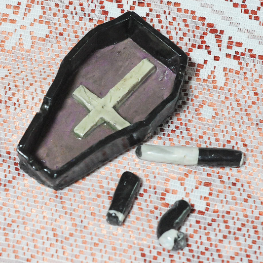 Ceramic Coffin Cross Ashtray Set